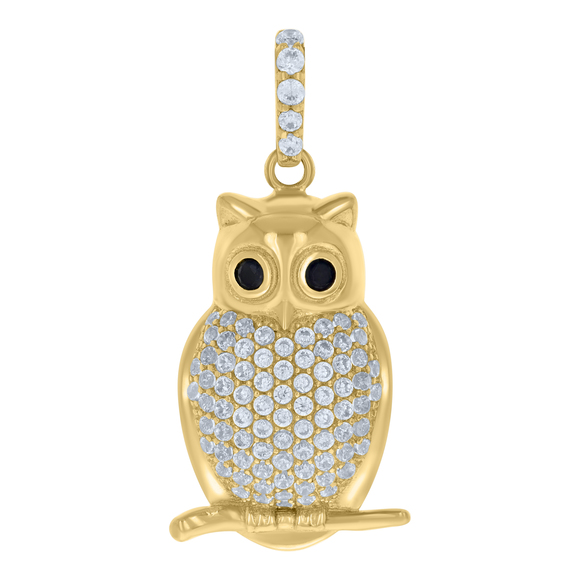 10kt 10k Yellow Gold Unisex Black White CZ Owl Bird Wildlife Charm Pendant